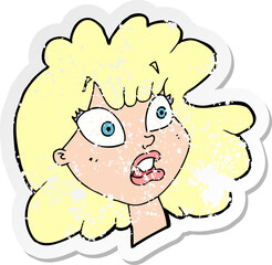 retro distressed sticker of a cartoon shocked female face