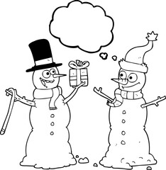 freehand drawn thought bubble cartoon snowmen exchanging gifts