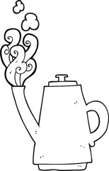 freehand drawn black and white cartoon steaming coffee kettle