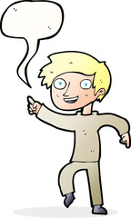 cartoon happy boy pointing with speech bubble