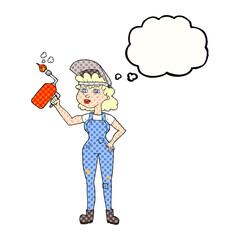 freehand drawn thought bubble cartoon woman welding