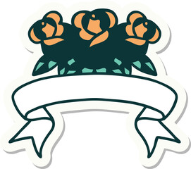 tattoo style sticker with banner of a bouquet of flowers