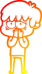 warm gradient line drawing of a cartoon exhausted boy