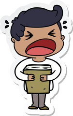 sticker of a cartoon shouting man with book