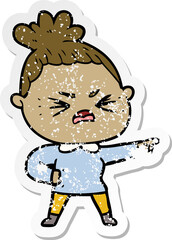 distressed sticker of a cartoon angry woman
