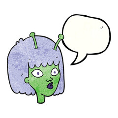 freehand speech bubble textured cartoon female alien