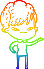 rainbow gradient line drawing of a cartoon happy woman