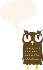 cartoon owl with speech bubble in retro style