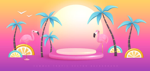 Summer background with 3D plastic tropic fruits, palm trees and flamingo. Vector illustration