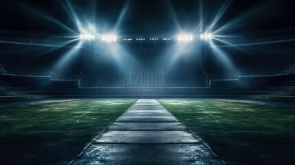 Stadium spotlights at night with green grass. Generative AI