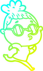 cold gradient line drawing of a cartoon woman wearing glasses