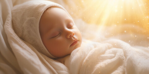 Baby mit weißer Decke umhüllt mit Sonnenstrahlen und Lichteinfall Nahaufnahme, ai generativ - obrazy, fototapety, plakaty