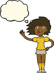 cartoon woman waving with thought bubble