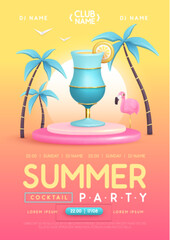 Summer cocktail disco party poster with 3D plastic cocktail, palm trees and flamingo. Vector illustration