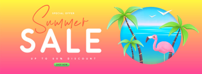 Fototapeta na wymiar Summer big sale banner with 3d plastic flamingo and palm trees. Summer background. Vector illustration