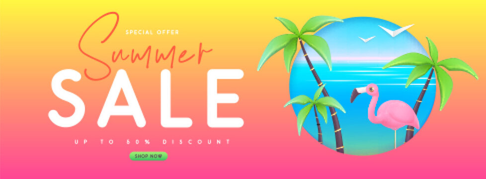 Summer big sale banner with 3d plastic flamingo and palm trees. Summer background. Vector illustration