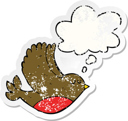 cartoon flying bird with thought bubble as a distressed worn sticker