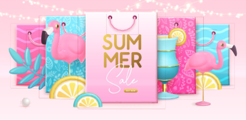 Summer big sale poster with 3d plastic flamingo, cocktail and shopping bag. Summer background. Vector illustration