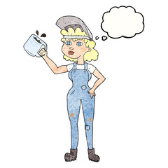 freehand drawn thought bubble textured cartoon woman in dungarees