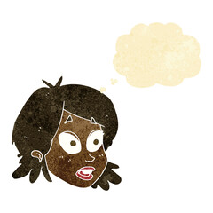 cartoon female face with surprised expression with thought bubble