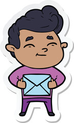 sticker of a happy cartoon man with gift