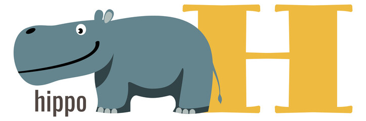 H letter. English alphabet learning word with hippo