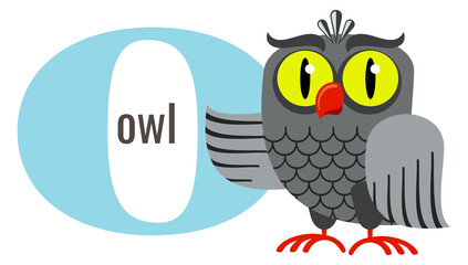 O for owl. Alphabet card. Animal letter