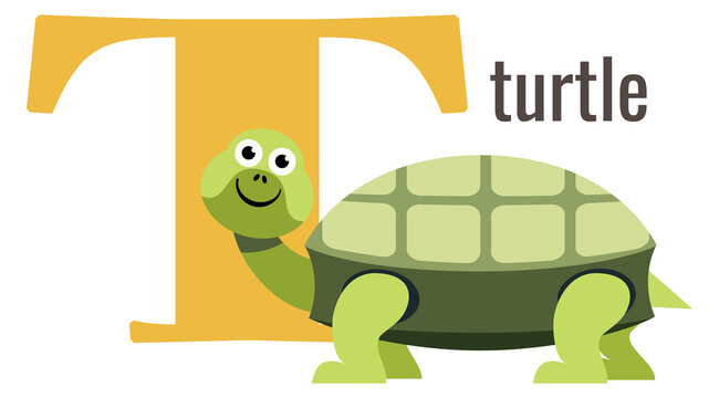 T letter card. Cartoon alphabet with turtle animal