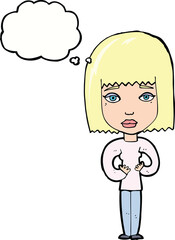 cartoon woman indicating self with thought bubble
