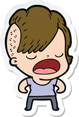 sticker of a cartoon cool hipster girl talking