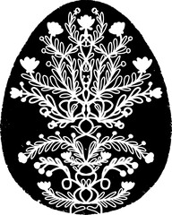 Easter egg with floral pattern. Black element, rough surface, grunge texture, linocut style, scandinavian style. Country style, folk art. Cut out elements. Element for design.