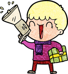 megaphone cartoon man with present