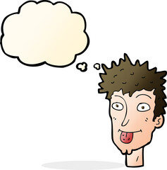 cartoon man sticking out tongue with thought bubble
