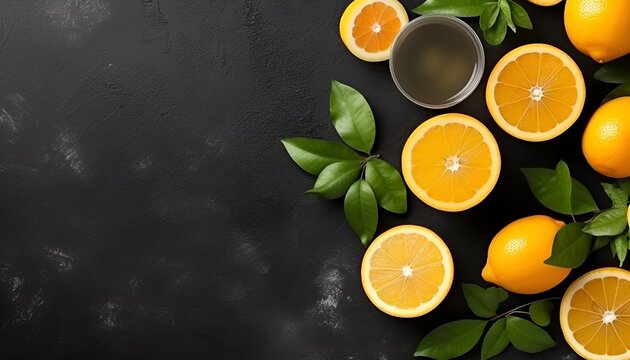 Ingredients for freshly squeezed orange juice. Top view on black slate
