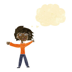 cartoon excited woman waving with thought bubble