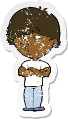retro distressed sticker of a cartoon suspicious man