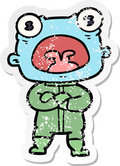 distressed sticker of a cartoon weird alien communicating