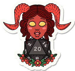 sticker of a tiefling with natural twenty dice roll