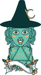 Retro Tattoo Style half orc mage with natural 20 dice roll