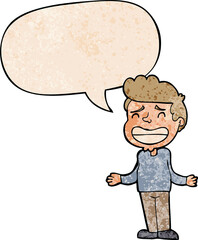 cartoon boy shrugging with speech bubble in retro texture style