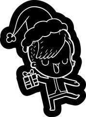 cute quirky cartoon icon of a girl with hipster haircut wearing santa hat