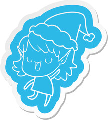 quirky cartoon  sticker of a elf girl wearing santa hat