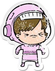 distressed sticker of a cartoon astronaut woman