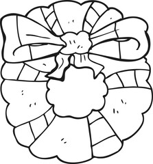 freehand drawn black and white cartoon christmas wreath