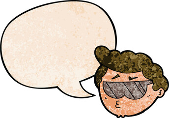 cartoon boy wearing sunglasses with speech bubble in retro texture style