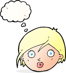 cartoon surprised female face with thought bubble