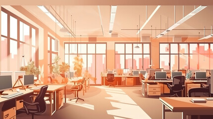 Fototapeta na wymiar Office workspace vector illustration or coworking business open workplace interior. Generative Ai