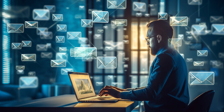 Mann am Laptop mit schwebenden Computer Mails dargestellt, ai generativ