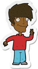 sticker of a cartoon man giving peace sign