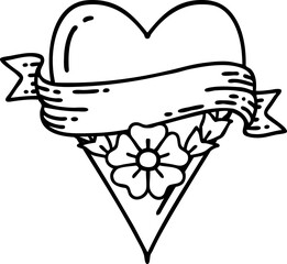 tattoo in black line style of a heart flower and banner